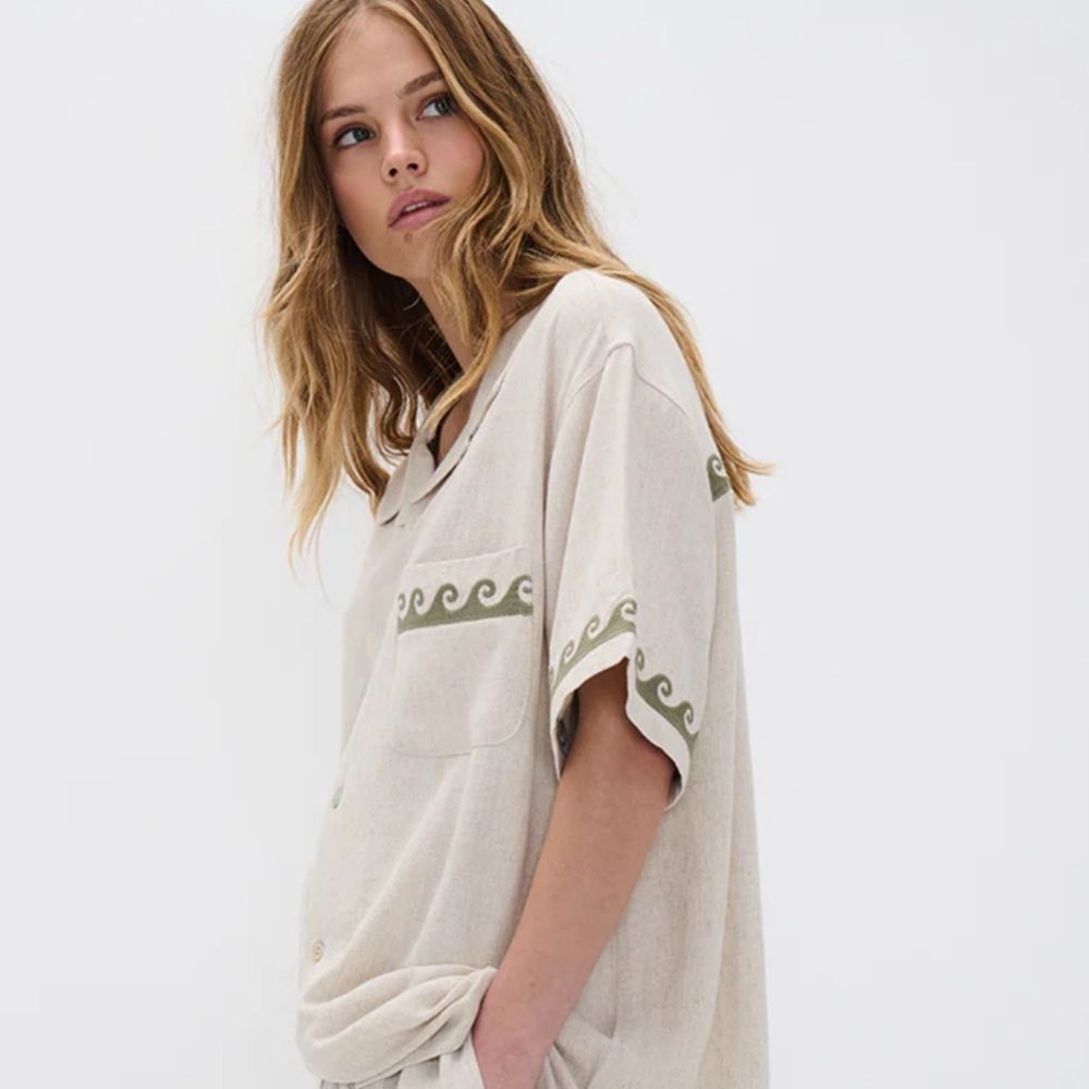 Oversized Linen blend Cream and Green Button Down shirt